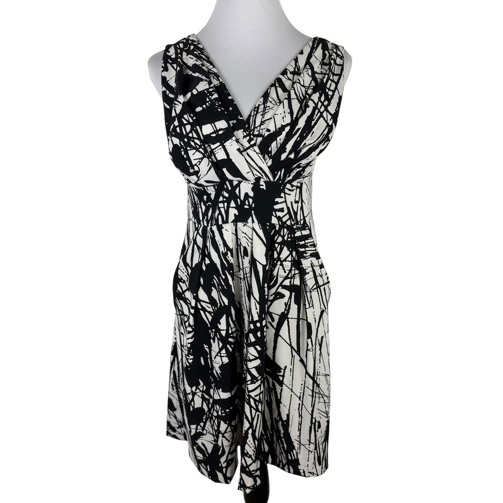 Corey P Women's 6 Black White Abstract Splatter V-Neck Fit & Flare Pocket Dress